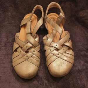 Clarks Leather Fisherman Sandals Elizabelle Seam Pewter Metal Size 11